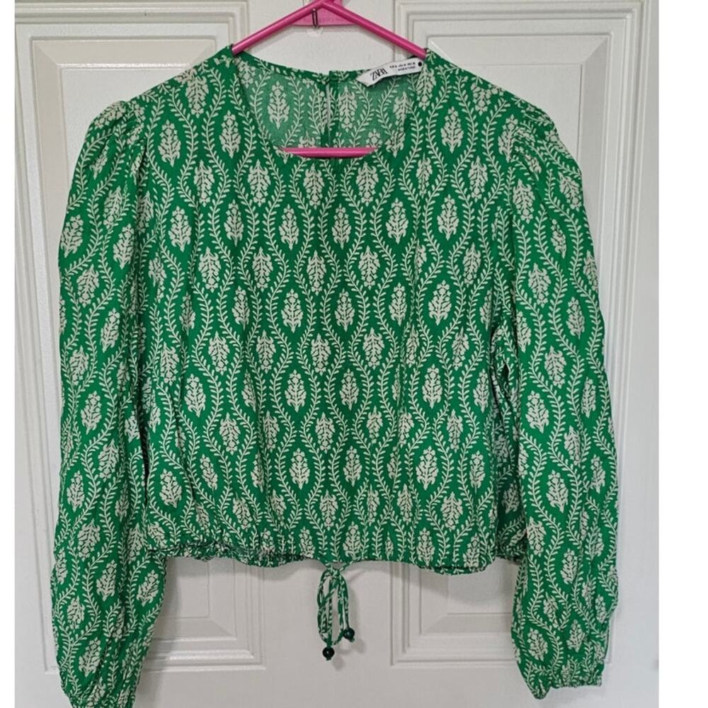 Zara Boho Printed Crop Top with Balloon Sleeve Blouse - Green-Medium